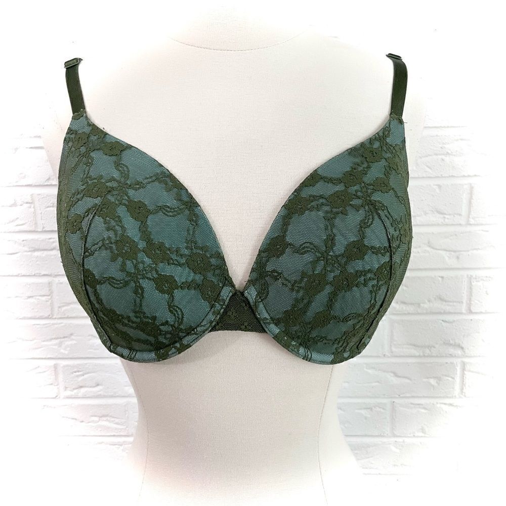 Victoria’s Secret Lined Perfect Coverage Green Lace Overlay Bra Size 34DD